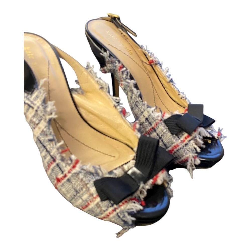 Kate Spade Tweed Bow Slingback Heels Peep Toe‎ Pumps Size 6 B Made in Italy